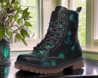 Glowing Jellyfish Vegan Combat Boots, Bioluminescent Sea Creature Boots, Dark Ocean Aesthetic Lace Up Boots