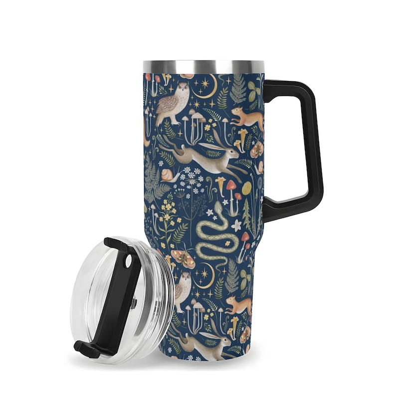 Dark Fairy Forest 40oz Stainless Steel Tumbler With Black Handle & Straw, Dark Cottagecore Forestcore Gifts, Goblincore Tumbler, Forest Mug image 3