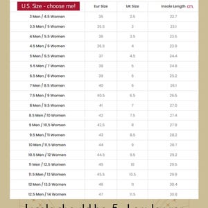 May include: A chart showing boot measurements in US, European, and UK sizes. The chart also includes insole length in centimeters. The chart is titled "Metric Boot Measurements".
