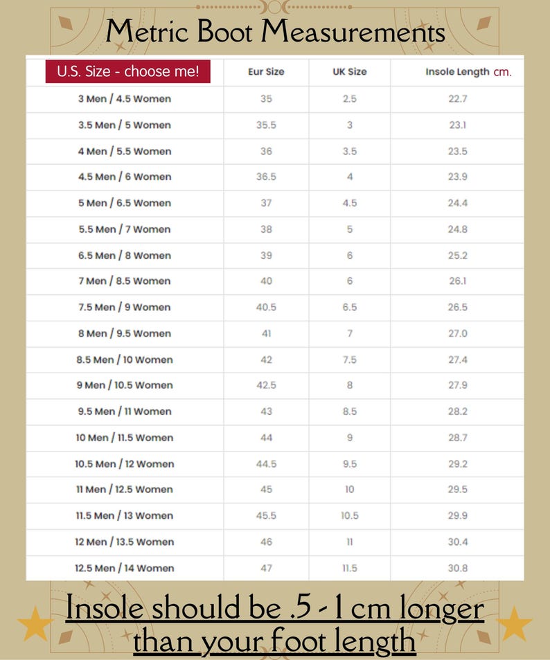 May include: A chart showing boot measurements in US, European, and UK sizes. The chart also includes insole length in centimeters. The chart is titled "Metric Boot Measurements".