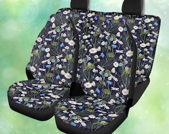 Boho Daisies Dragonflies Blue Cottagecore Car Seat Covers, Dark Floral Car Seat Covers, Waterproof Car Seat Covers Women Car Decor Accessory