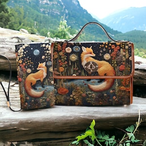 Faux-Embroidered Fox Handbag & Clutch Wallet, Boho Cottagecore Witchy Fox Purse, Naturecore Fox Floral HandBag, Dark Forestcore Fox Wallet