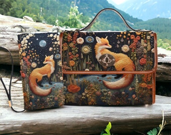 Faux-Embroidered Fox Handbag & Clutch Wallet, Boho Cottagecore Witchy Fox Purse, Naturecore Fox Floral HandBag, Dark Forestcore Fox Wallet