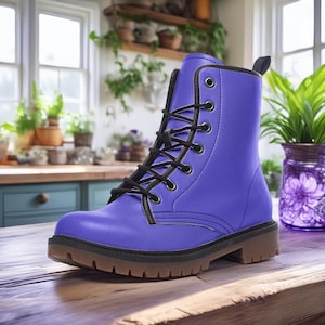 Violet Blue Vegan Combat Boots, Blue Punk Boots, Blue Lace Up Boots, Girlie Combat Boots, Cosplay Blue Boots, Blue Faux Leather Combat Boots