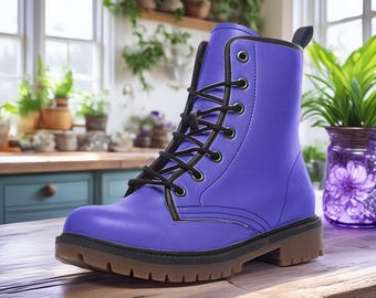 Violet Blue Vegan Combat Boots, Blue Punk Boots, Blue Lace Up Boots, Girlie Combat Boots, Cosplay Blue Boots, Blue Faux Leather Combat Boots