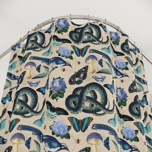 Blue Naturalist Illustrations Shower Curtain Bath Mat, Blue Cream Vintage Nature Birds Mushrooms Botanical Bathroom, Cottagecore Bath Decor
