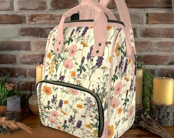 Sac à dos à couches floral cottage, sac pour bébé à fleurs pressées, sac à dos pour maman bohème chic, sac à langer multifonctionnel, cadeau de baby shower bohème sorcière