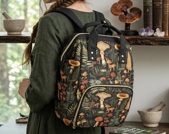 Deep Forest Ferns Mushrooms Backpack, Forestcore Laptop Backpack, Woody Cottagecore Book Bag, Goblincore Gifts, Mushroom Forest Laptop Bag