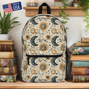 Boho Celestial Backpack, Whimsigoth Medieval Sun Moon Stars Rucksack Bag, Vintage Astrology Print Witchy Astrology Aesthetic Laptop Book Bag