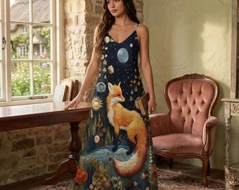 Dark Cottagecore Fox Flowers Moon Maxi Dress, Dark Forestcore Fox Dress, Boho Woodland Fox Motif Dress, Witchy Hippie Mystical Fox Dress