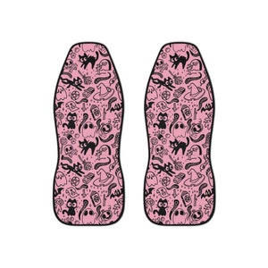 Pink Spooky Cute Car Seat Covers, Pastel Witchy Car Decor, Creepy Cute Seat Covers, Pink Halloween Seat Covers, Goth Girl Pink Car Decor image 2