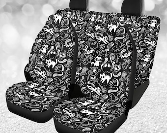Black & White Spooky Cute Car Seat Covers, Witchy Car Decor, Creepy Cute Seat Covers, Cute Halloween Seat Covers, Kawaii Witchy Car Decor