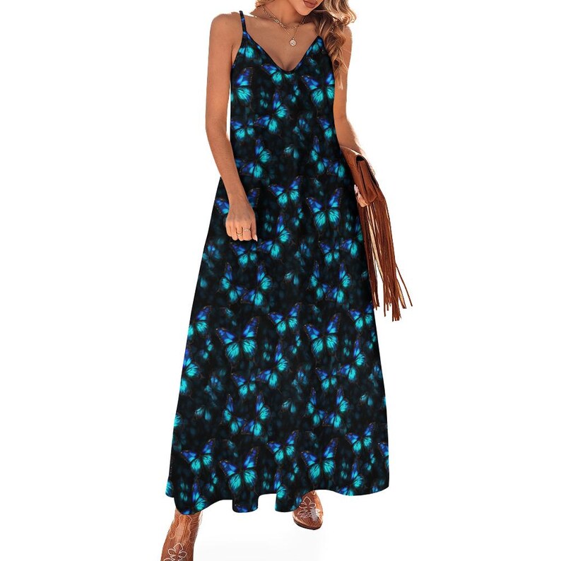Vestido largo estilo boho con estampado de mariposas Morpho, vestido largo azul con estampado de mariposas, vestido largo boho estilo bruja hippie, vestido de fiesta de verano, vestido de playa. imagen 6