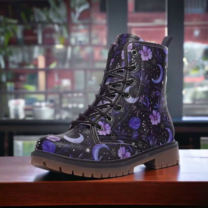 Purple Moons & Flowers Witchy Vegan Combat Boots, Faux