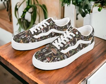 Dark Forest Mushrooms Women's Old School Skate Style Sneakers, Dark cottagecore Sneakers, Fairy forest Sneakers, Witchy Mushroom Sneakers