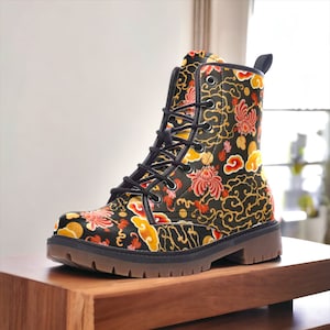 Vegan Leather Combat Boots, Black Chinoiserie Combat Boots, Chinese Art Boots, Casual Lace Up Unisex Boots Black and Gold Festival Club Boot