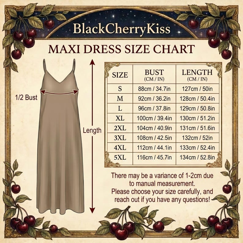 May include: A maxi dress size chart with bust and length measurements in inches and centimeters. The chart includes sizes S to 5XL, with bust measurements ranging from 34.7 inches to 45.7 inches. The dress is a neutral color.