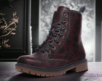 Gothic Burgundy & Black Brocade Vegan Combat Boots, Faux Leather Combat Boots,  Whimsigoth Lace Up Boots, Witchy Boots, Gothic Floral Boots