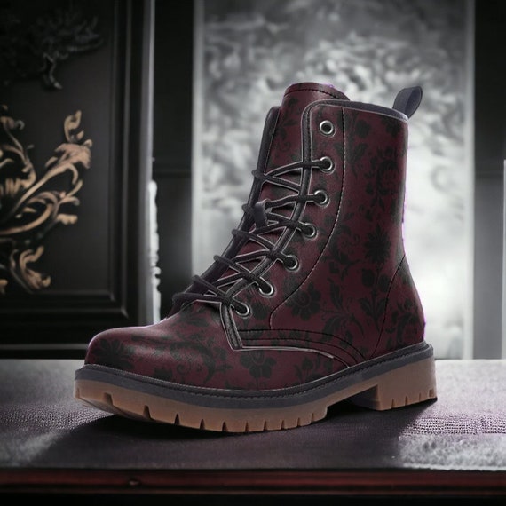 Gothic Burgundy Black Brocade Vegan Combat Boots Faux Leather Combat Boots Whimsigoth Lace up Boots Witchy Boots Gothic Floral Boots Etsy