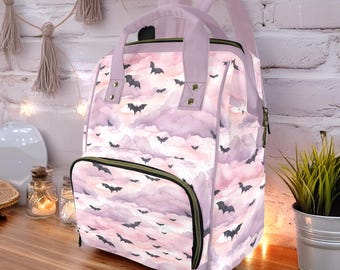 Pastel Pink Bats & Clouds Backpack, Pastel Goth Baby Bag, Spooky Cute Pastel Witchy Nappy Bag, Spooky Cute Bats Witchy Mama Shower Gift Bag