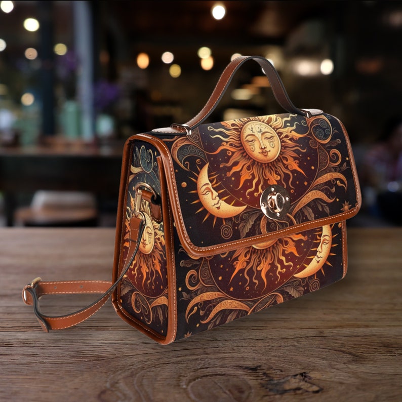 Dark Boho Sun & Moon Canvas Satchel bag, Dark Celestial Sun Moon Bag, Dark Academia Purse, Dark Cottagecore Handbag, Boho Hippie Witch Purse image 3