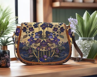 Bolso bandolera floral Ethereal Nightshade en lona y cuero vegano, bolso cruzado estilo boho witchy hippie, bolso de hombro con flores botánicas góticas