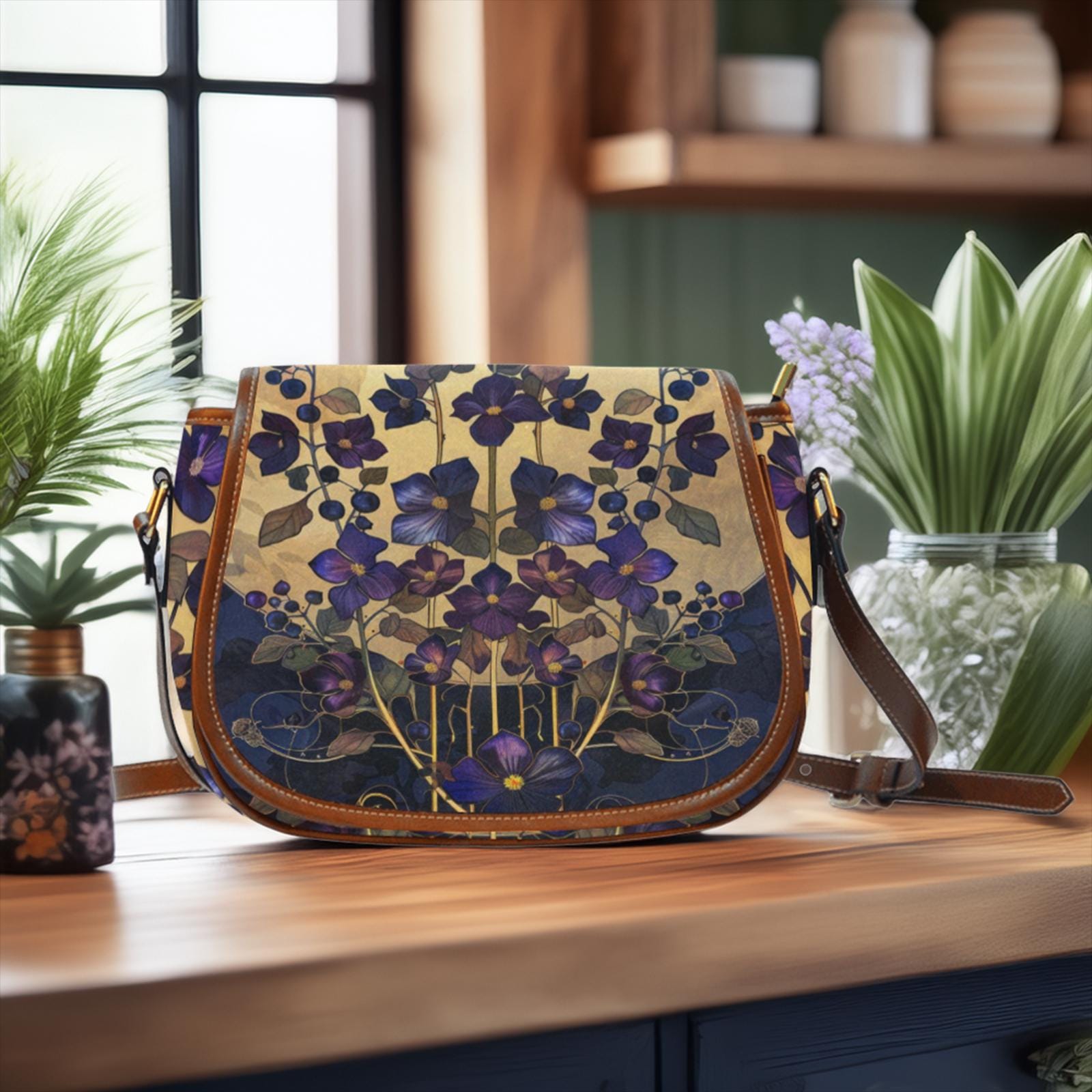 Ethereal Nightshade Floral Saddle Bag in Canvas and Vegan Leather