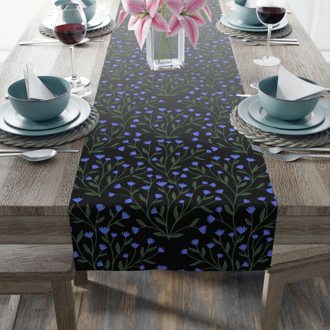 Dark Cottagecore Table Runner, Blue Wildflower Calico Dark Floral ...