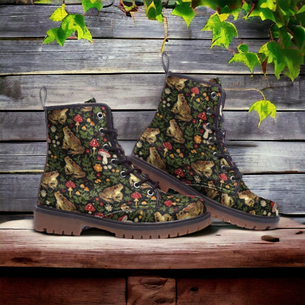 Magic Toads & Mushrooms Vegan Boots, Cottage Toads Fairy Grunge Gremlincore Boots, Toads Frogs Gift Boots, Fairytale Toad Festival Wear Boot