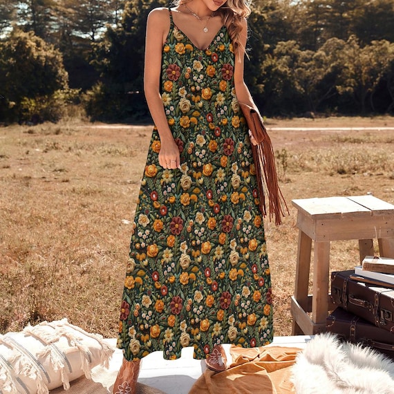 fall dress boho Faux-embroidery Autumn Colors Cottagecore Maxi Dress, Boho Hippie Floral  Witchy Ankle Dress