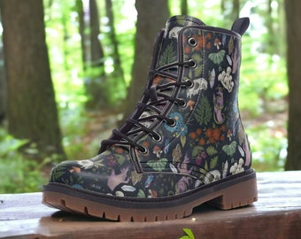 Goblincore Boots, Woodland Witch Floral Combat Boot, Vegan Combat Boots, CottageCore Festival Club Boot, Witchcore Wood Floral Print Boots,