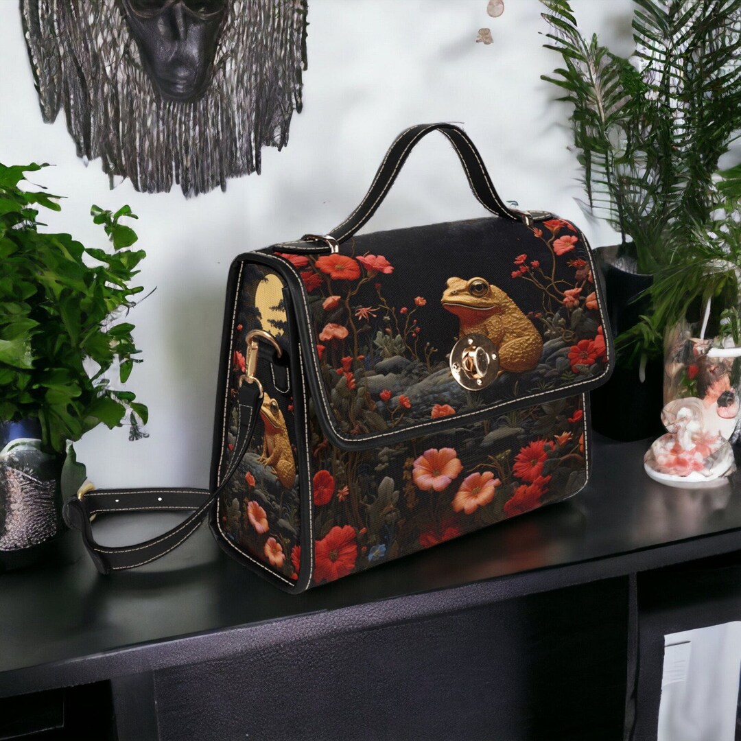 Toad Handbag Faux-embroidered Toad and Floral Handbag, Boho Cottagecore Witchy Frog ...