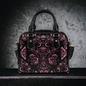 Whimsigoth Bowler Handbag, Pastel Goth Skulls Moths Vegan Leather Witchy Purse, Goth girl gift, Black & Pink Witchcraft Occult Shoulder Bag
