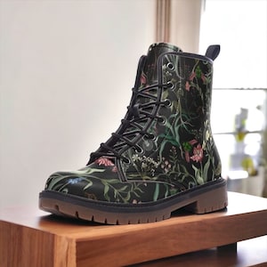 Dark Floral Vegan Leather Combat Boots, Gothic Floral boots, Whimsigoth Floral Boots, Witchy Floral Boots, Faux Leather Boho Floral Boots