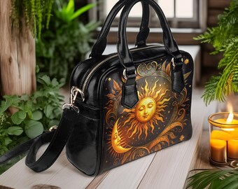 Sun & Moon Bowler Handbag, Dark Academia Celestial Vegan Leather