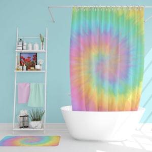 Pastel Rainbow Tie Dye Shower Curtain & Bath Mat, Pastel Tie Die Decor, Cute Dreamy Bathroom, Teen Children&#39;s Bathroom Set Pastel Bath Decor