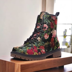 Floral combat boots, vegan leather, dark cottagecore, gothic roses lace-up, vintage rose print, aesthetic rose boots, boho grunge footwear