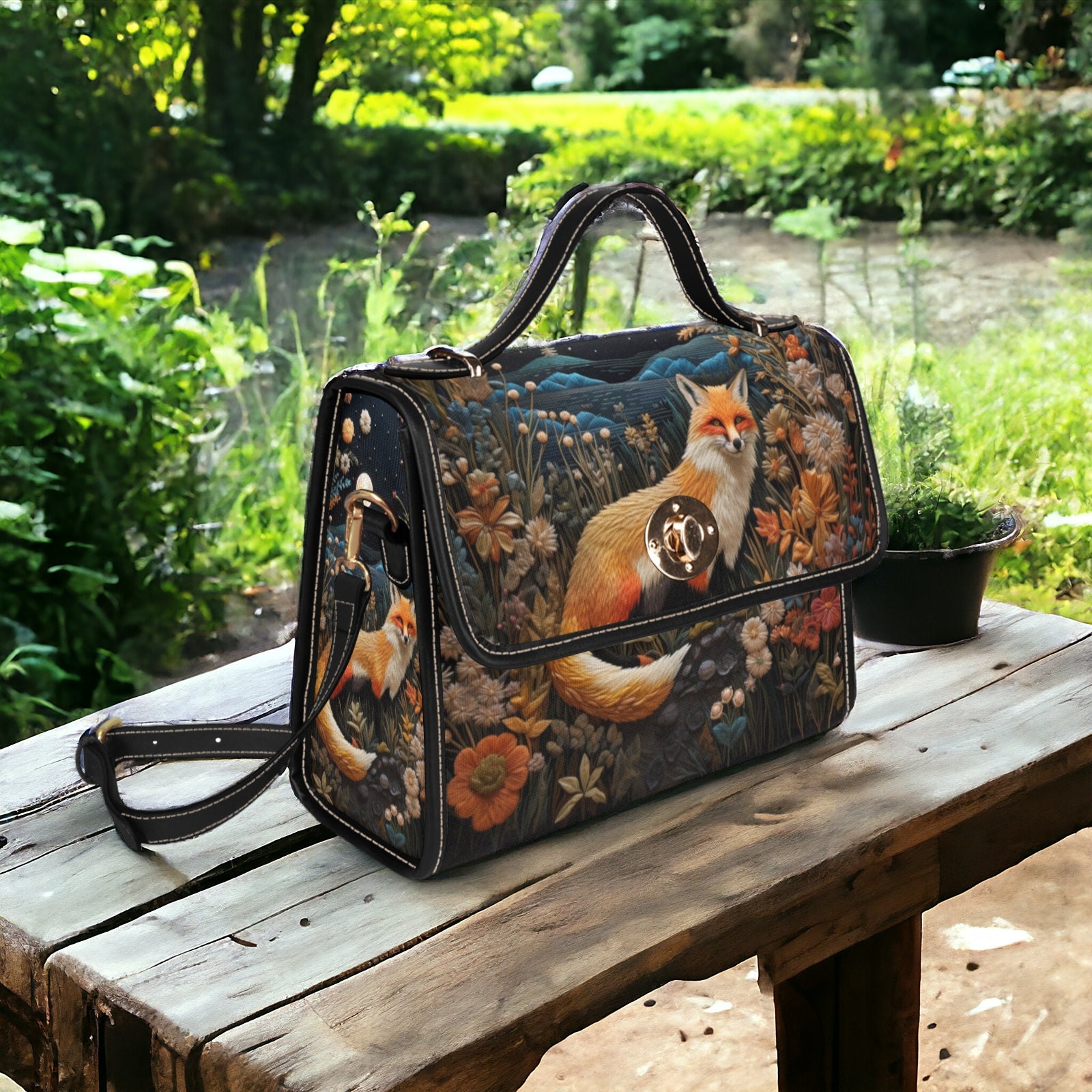 Faux-embroidered Fox and Floral Handbag, Boho Cottagecore Witchy