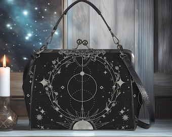 Celestial Witchy Kiss Lock Bag, Stars and Moons Vintage Gothic Style Handbag