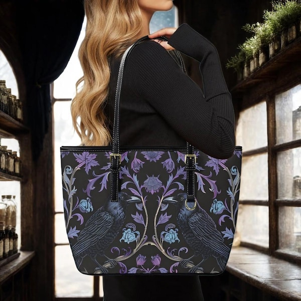 Gothic Raven's Roost Faux Leather Tote Bag, Ravens Vegan Leather Handbag, Crowcore Tote Purse, Dark Purple Ravencore, Boho Witchy Purse Gift