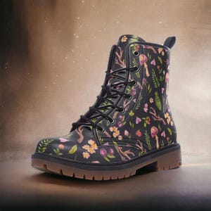 Forest Whimsical Mushrooms Butterflies Berries Vegan Combat Boots, Dark Enchanted Forest Fairy Grunge Festival Goblincore Ren Faire Boots