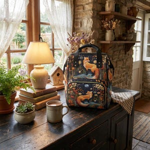 Faux-Embroidery Fox Diaper Backpack, Cottagecore Fox Mommy Bag, Storybook Fables Fox Bag, Forestcore Mama Cottage Nursery Shower Gift Bag image 4