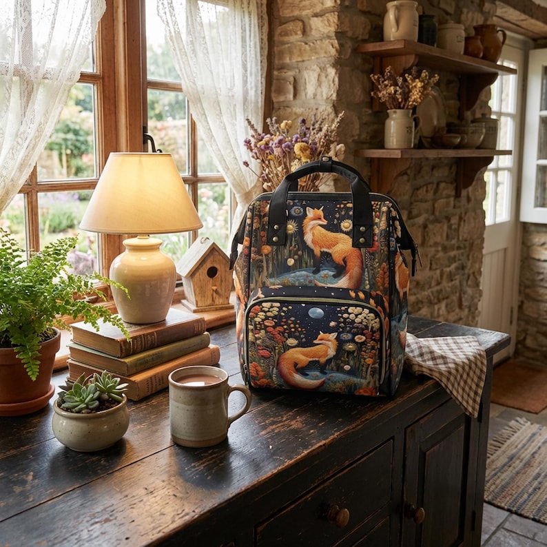 Faux-Embroidery Fox Diaper Backpack, Cottagecore Fox Mommy Bag, Storybook Fables Fox Bag, Forestcore Mama Cottage Nursery Shower Gift Bag image 4