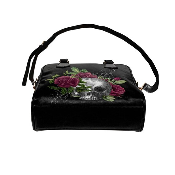 Gothic Skull Dark Heart Roses Handbag, Goth Girl Vegan