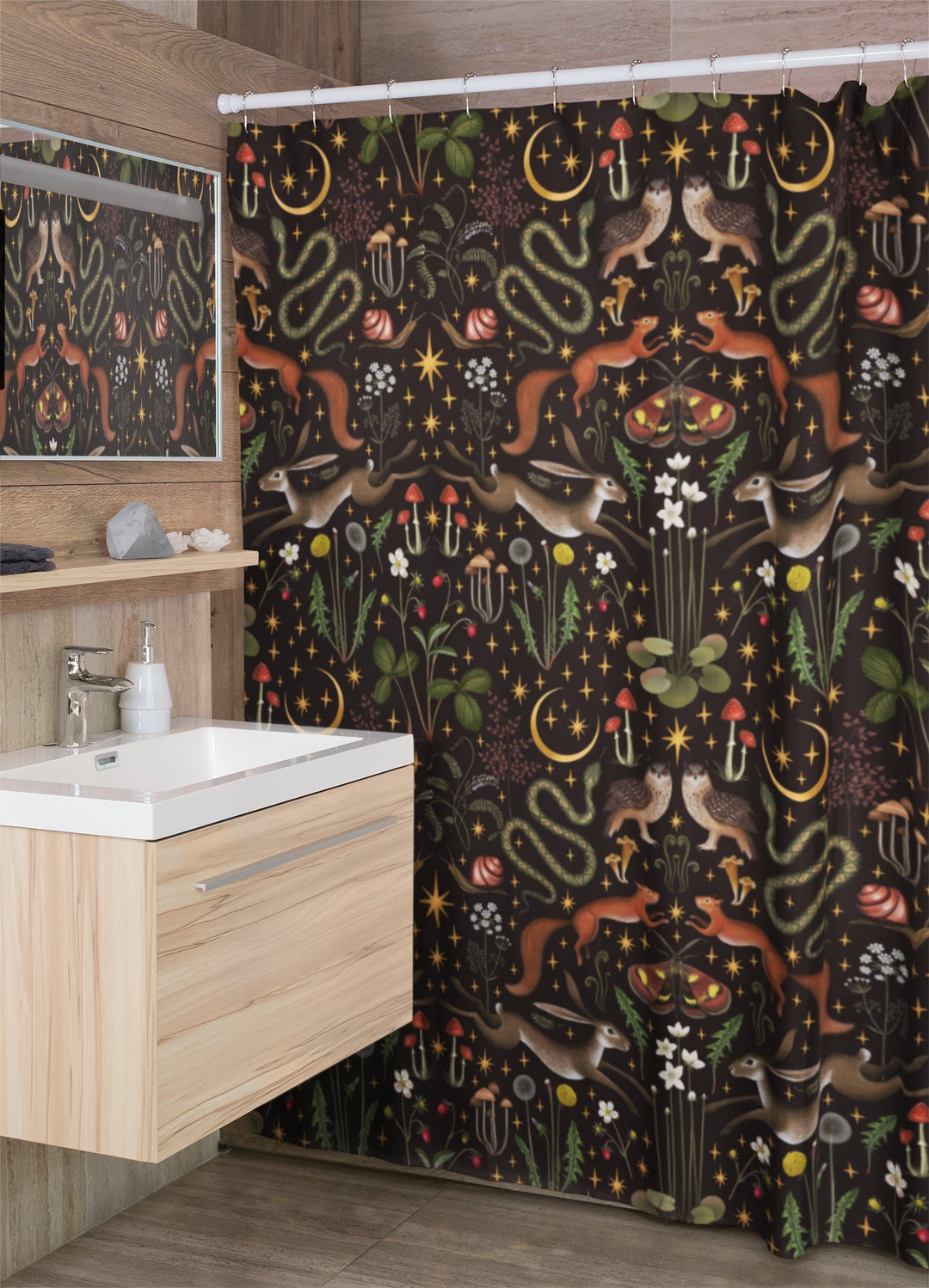 Dark Forest Theme Shower Curtain & Bath Mat, Fairy Forest Bath Decor, Dark Cottagecore Bathroom ...