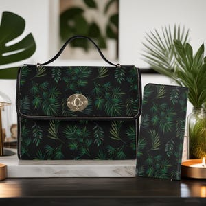 Conjunto de cartera y bolso de bruja con helechos del bosque oscuro bohemio, elegante bolso de estilo bohemio estilo forestcore, cartera de mano hippie estilo cottagecore oscuro con bruja