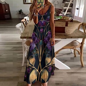 Dark Purple Art Nouveau Floral Maxi Dress, Dark Flowers Long Garden Party Dress, Witchy Hippie Flowers Boho Maxi Dress, Resort Wear Dress image 2