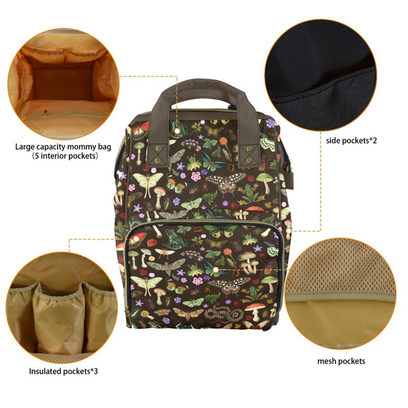 Op de afbeelding: Bruine rugzak met een botanische print van vlinders, paddenstoelen en bloemen. Hij heeft een handvat aan de bovenkant, zijzakken, gaasvakken en ge&iuml;soleerde zakken. De tekst "Large capacity mommy bag (5 interior pockets" is zichtbaar.