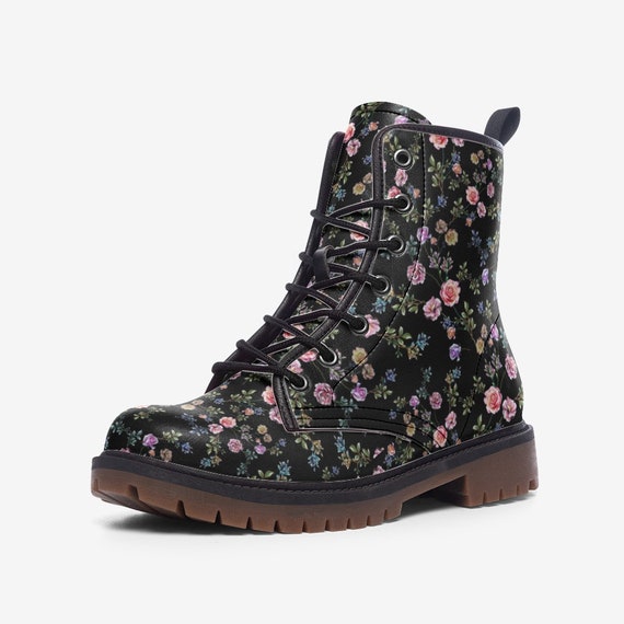 Cottage Dark Ditsy Floral Vegan Combat Boots, Boho Witchy