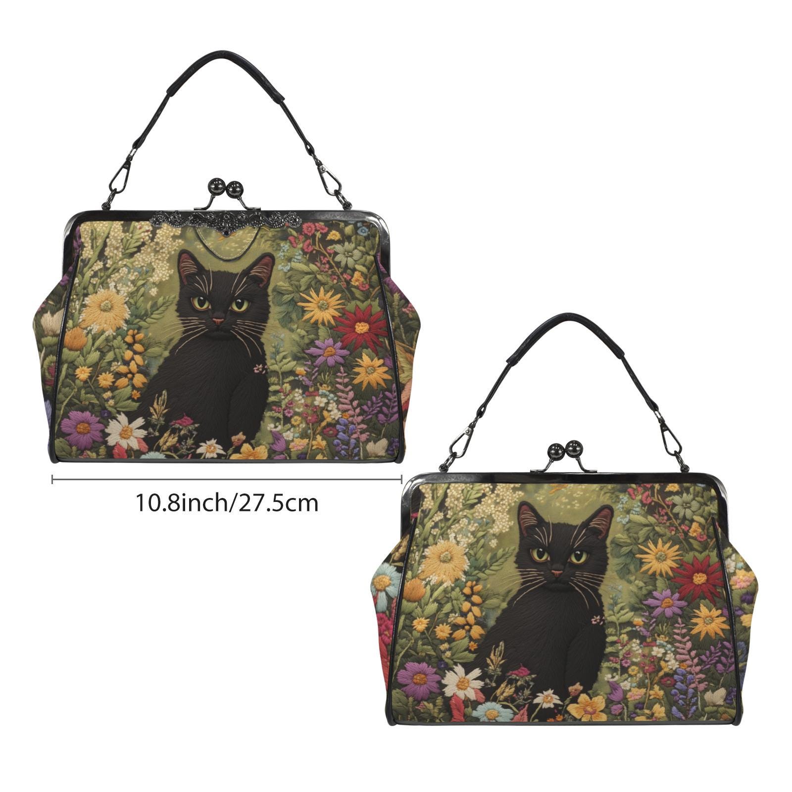 Cottagecore Black Cat Kisslock Handbag: Faux Embroidered Kitten in